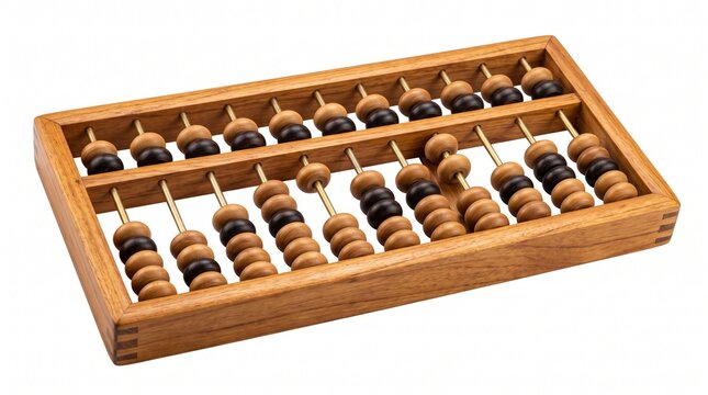 Traditional wooden abacus with colorful beads used for mathematical calculation and counting on white background