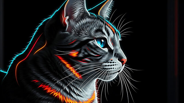 Vibrant neon cat portrait featuring brilliant blue glowing eyes and striking orange light streaks on fur