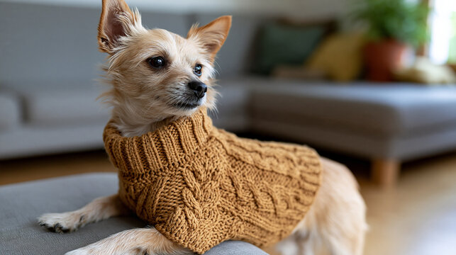 Small terrier dog comfortably relaxing while wearing a cozy brown knit sweater indoors, showcasing a domestic pet enjoying warmth and a relaxed home environment
