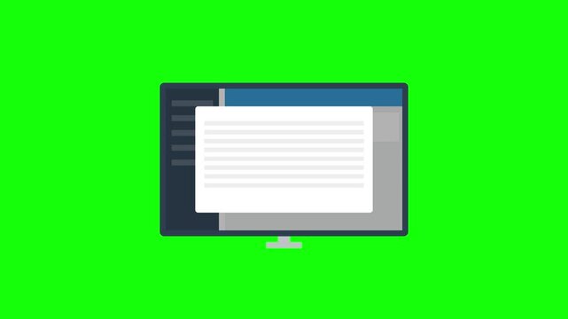 Flat design computer monitor animation showing website interface and login form on green screen background.
