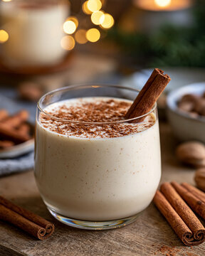 Creamy eggnog drink serving in a glass with a cinnamon stick and sprinkled nutmeg, ready to enjoy during festive winter holidays and christmas celebrations