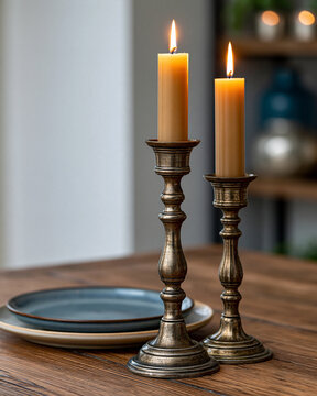Burning candles illuminating a cozy dining table setting, creating a warm, inviting atmosphere for a peaceful hygge lifestyle experience