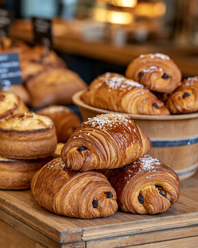 Freshly baked pain au chocolat pastries stacked on a rustic wooden counter inside a french bakery, offering tempting sweet breakfast and dessert options