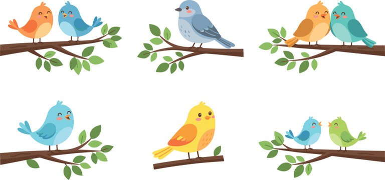 Cute little cartoon birds vector illustration set. Colorful songbirds sitting on tree branches with green leaves, flying, singing, couple birds, nature, springtime and animal characters.