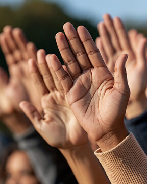 Diverse group of people raising hands in unity, participating in a movement, showing community support, voting, volunteering, or expressing agreement