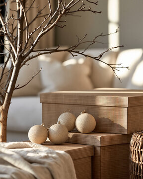 Neutral tone christmas decor creating a cozy minimalist holiday atmosphere with elegant glitter baubles on textured gift boxes and natural branches in warm sunlight