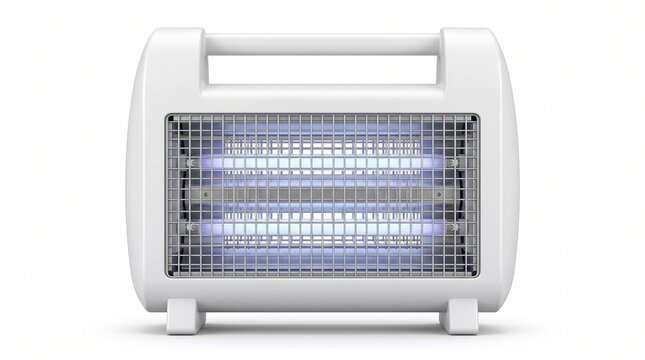 Modern electric bug zapper device with ultraviolet lighting standing isolated on white background