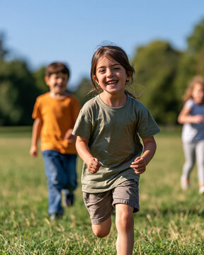 Happy little girl laughing and smiling while running outdoors with friends in a sunny park, enjoying active childhood fun and free playtime