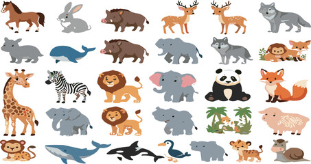 Obraz premium Cute wild and domestic animals cartoon vector icon set. Lion, elephant, giraffe, zebra, panda, fox, wolf, whale, deer, hippopotamus, monkey, 