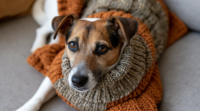 Jack russell terrier dog wearing a warm, knitted sweater, resting comfortably on a gray sofa, embodying warmth, comfort, and a cozy pet lifestyle during cooler seasons