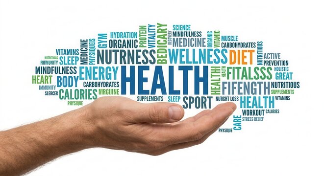 Conceptual Word Cloud Health And Wellness Displayed Over Open Hand