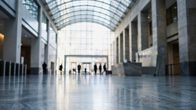 Blurred bank atrium background with defocused visitors walking through a glass lobby, bright daylight. Ideal for corporate finance branding, investment firm websites, and institutional presentations.