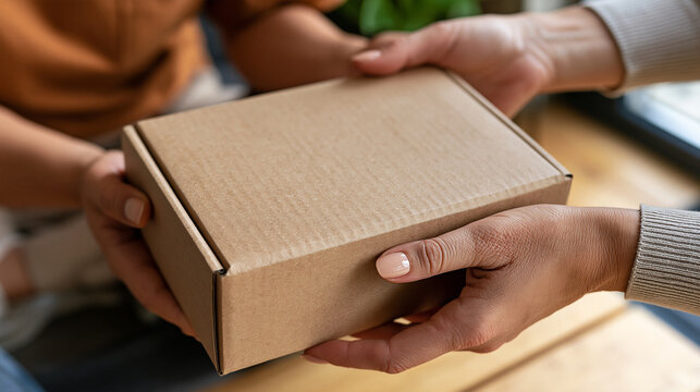 Hands exchanging a blank cardboard box, symbolizing secure online shopping delivery, e commerce, receiving a gift, parcel shipping, and express logistic services