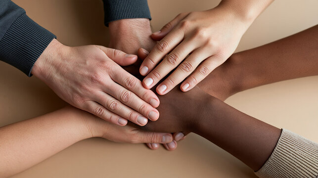 Diverse hands stacking together, symbolizing unity, teamwork, cooperation, and friendship among people from different backgrounds