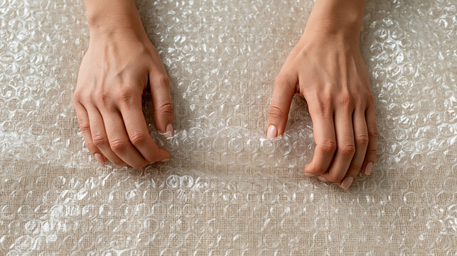 Hands resting on clear bubble wrap, touching plastic texture and preparing to pop bubbles, finding stress relief and enjoying packaging material protection