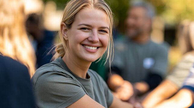 Happy young woman smiling, participating in a group community service event, enjoying teamwork and volunteering for a social cause in an outdoor setting