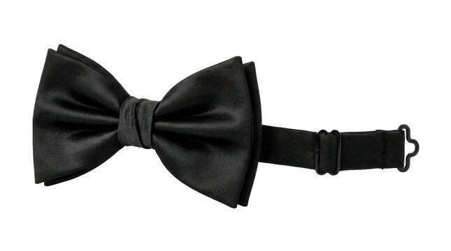 Pre-tied black silk bowtie with an adjustable neck strap. Photorealistic, front 3/4 view, horizontal orientation, ultra-high-resolution 8K, on a pure white background (#FFFFFF) shadowless photo, no