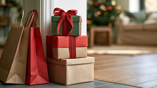 Holiday shopping bags and christmas gifts bringing surprise and celebration, waiting to be unwrapped during festive season at home