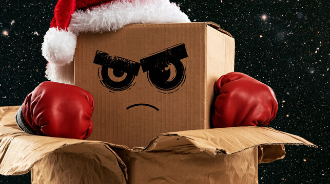 Cardboard box with angry face wearing a santa hat and boxing gloves, symbolizing christmas stress, holiday pressure, and the fight against seasonal expectations