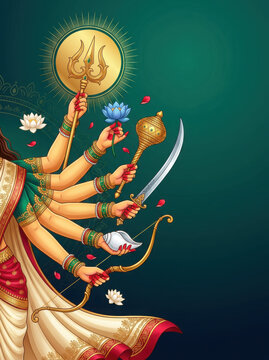 Multi armed hindu goddess durga holding sacred like trishula, sword, mace, and generated using ai
