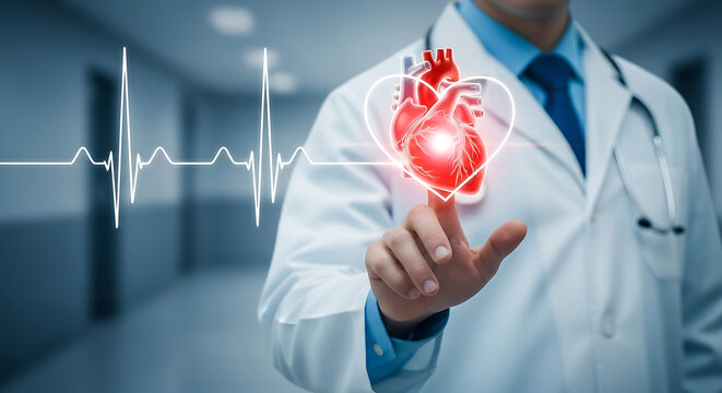 Dedicated doctor interacts with glowing anatomical human heart hologram featuring a rhythmic white digital pulse line