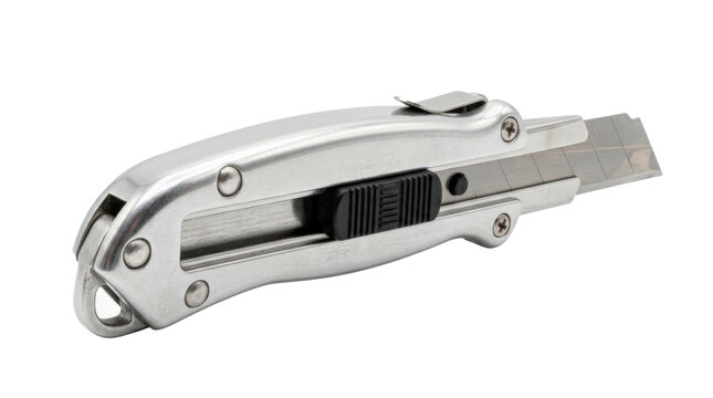 Retractable utility knife with a bright metal casing and a sharp segmented steel blade. Photorealistic, side 3/4 view, horizontal orientation, ultra-high-resolution 8K, on a pure white background