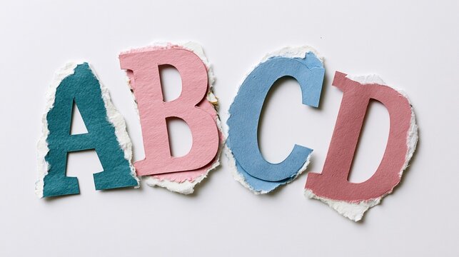 Torn paper letters spelling abcd arranged in a row on white background