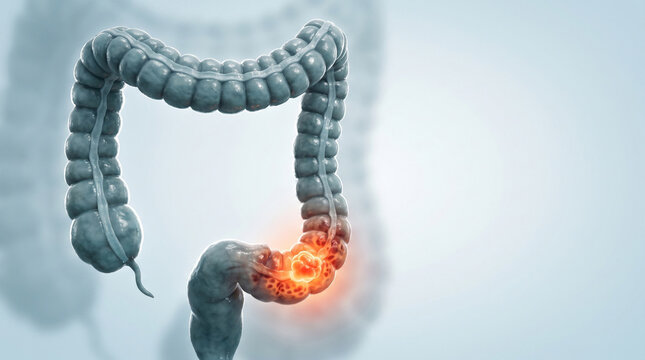 Large intestine with glowing tumor, colorectal cancer concept