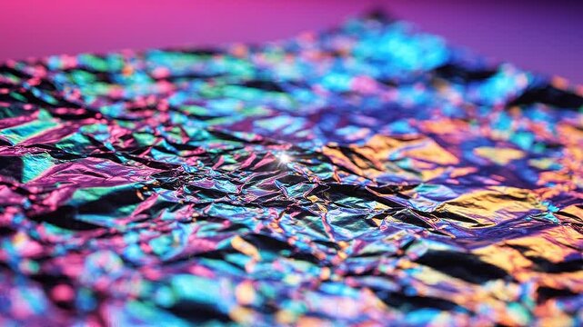 Iridescent crumpled foil texture with dynamic light reflections and neon color shifts