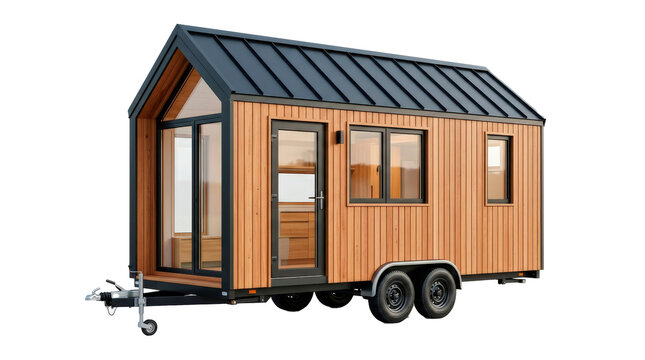 Modern tiny house on wheels with compact minimalist fa&ccedil;ade, dark pitched roof, warm wood siding, clean windows, and integrated trailer chassis, stylish mobile-home design. Photorealistic, front 3/4