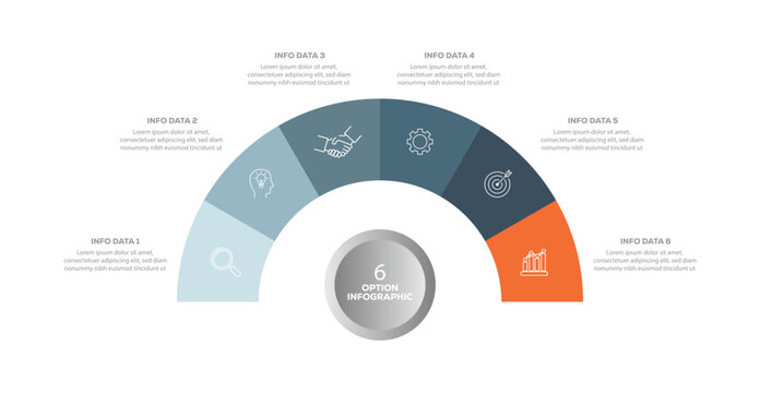 Vector infographic semi circle template diagrame. Business concept 6step for presentation. Template for cycling diagram, graph, cycle diagram, presentation and round chart. vector illustration