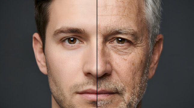 Split face portrait of a man showing youth and old age side by side