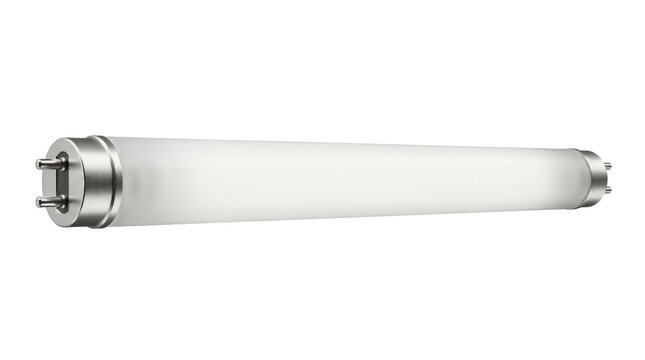 Linear fluorescent light tube with frosted white glass cylinder, clean metal end caps and slim elongated industrial lighting form. Photorealistic product photography, slight 3/4 side view, horizontal