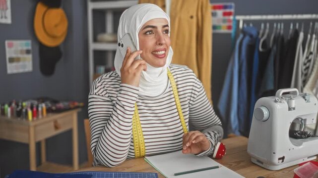 Woman wearing hijab holding smartphone to ear, makes ok gesture beside sewing machine with measuring tape and pincushion in studio; creative joy.