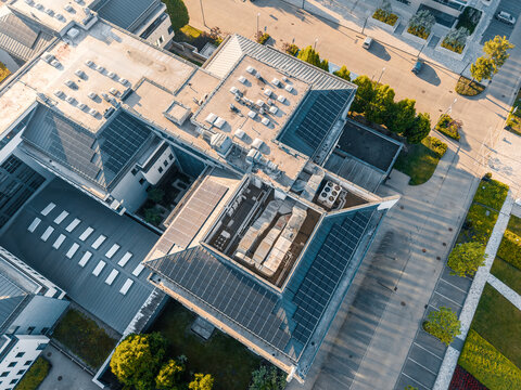 Modern data center campus with solar panels aerial view high tech infrastructure