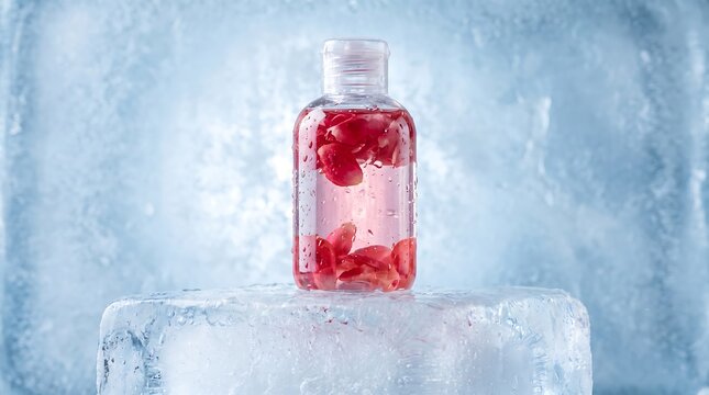 Refreshing Rose Petal Infused Skincare Lotion Bottle Resting on a Crystal Clear Ice Block