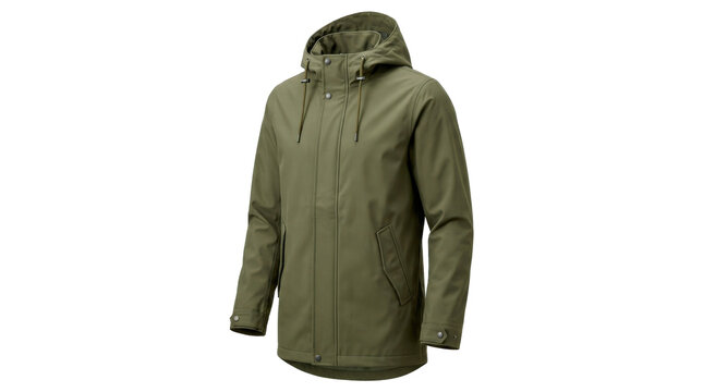Olive raincoat with muted green waterproof fabric, practical hood, long sleeves and a clean streamlined front, versatile autumn outerwear with understated utilitarian style. Photorealistic studio