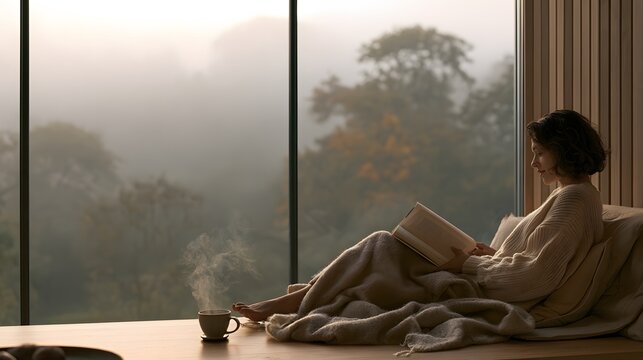 Cozy woman reading a book by a large window with a cup of hot steaming tea on a foggy morning