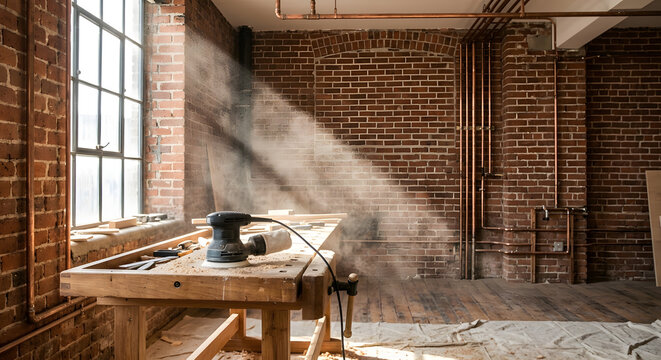 Woodworking workbench with a sander in a rustic industrial brick workshop