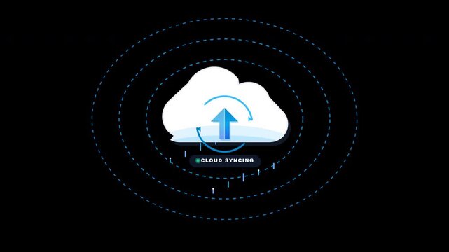 Flat vector cloud graphic with rising data particles and a bouncing upload arrow indicating synchronization, isolated on a transparent background