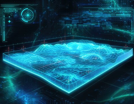 Digital topographical map with futuristic interface elements