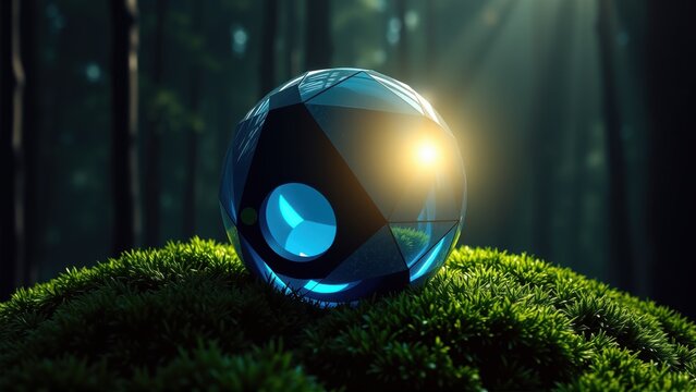 Glowing orb rests upon lush green moss. Dark forest background provides dramatic contrast. Light beams radiate from spheres center.