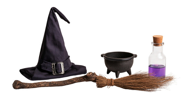 Black witch hat with silver buckle cast iron cauldron, broomstick and potion