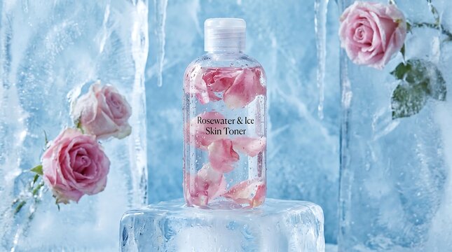 Refreshing Rosewater Facial Toner Bottle Placed on Cool Ice Block with Pink Floral Decoration