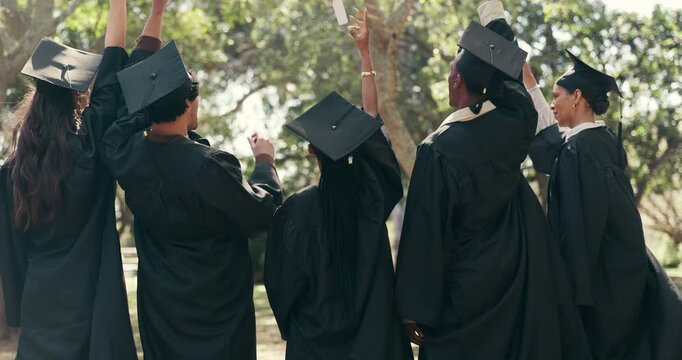 Back, students and throwing diploma at graduation, farewell and celebration of degree completion. People, tradition and graduate outdoor with regalia, university recognition and education milestone