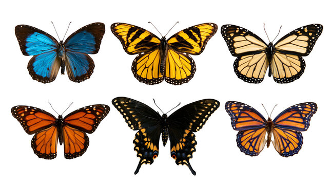 Collection of six colorful butterflies with diverse wing patterns and colors