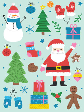 Christmas elements. Icon set with Santa Claus, Snowman, Christmas tree and presents. Vector illustration