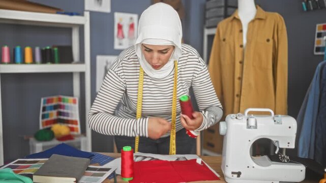 Woman measures fabric with yellow tape and holds red thread at sewing machine in studio; creative focus.