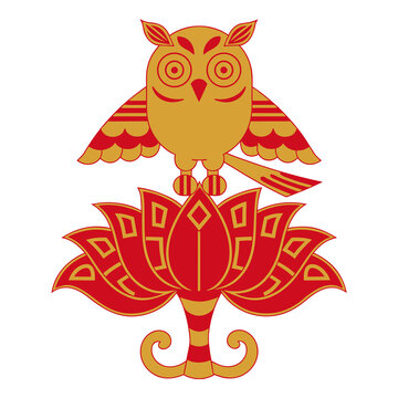 Golden owl perched on red lotus flower, decorative Indian folk art illustration, Lakshmi vahana symbol