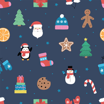 Christmas background. Seamless pattern with hand drawn holiday elements. Vector illustration